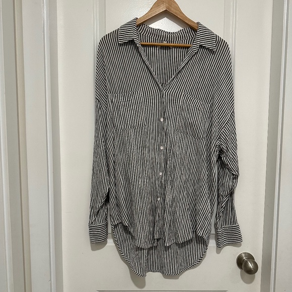 Z Supply | Relaxed Fit Long Sleeve Button Down White Gray Stripe XS/S (fits M/L) - Picture 1 of 8